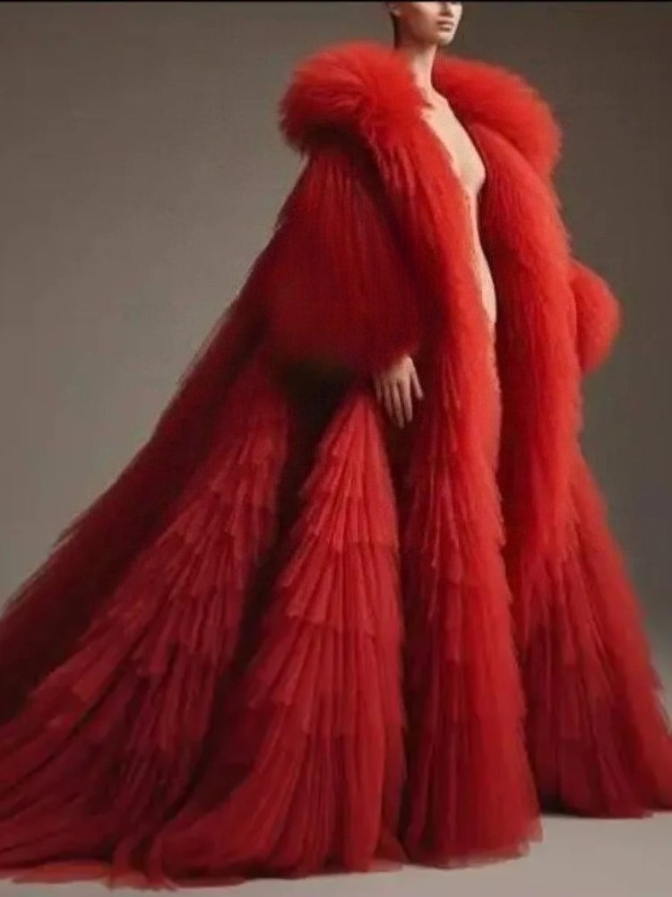 Women'S Red Formal Wear - Mantello Lungo Rosso Soffice con Pieghe
